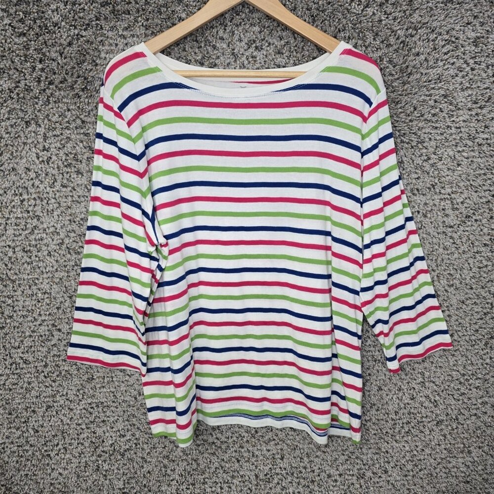 Talbots Top Womens Plus 1X Green Blue Striped Scoop Neck Long Sleeve Pima Cotton